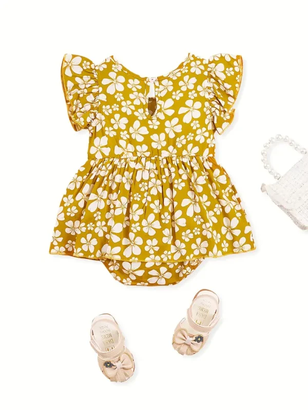 1pc LULUKAKA Baby Girls Floral Print Romper - Casual Style Rayon/Viscose Woven Jumpsuit with Round Neck and Water Drop Buckle - Regular Fit Spring/Fall Infant Outfit, for Outdoor - Image 5