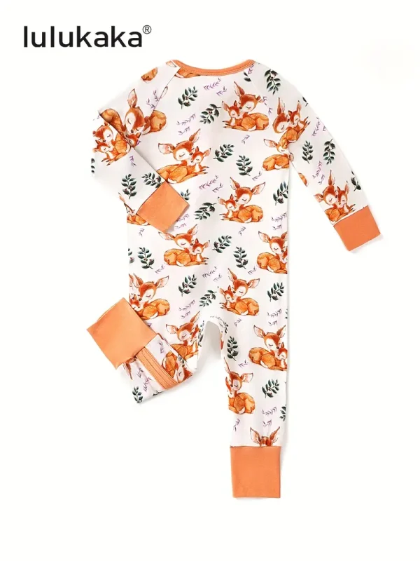 LUKAKA Newborn Baby Boys and Girls Casual Bamboo Fiber Tight Fit Zipper One-Piece Pajamas Cartoon Elk Pattern Printed One-Piece Pants Boys and Girls Bamboo Fiber Clothes - Image 2