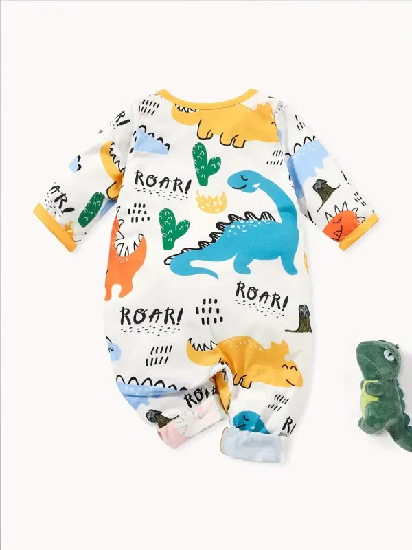LULUKAKA Cute Dinosaur Cartoon Print Long-Sleeve Romper for Baby Boys - Cozy Polyester Blend, Machine Washable, LULUKAKA, Perfect for Outdoor - Image 3
